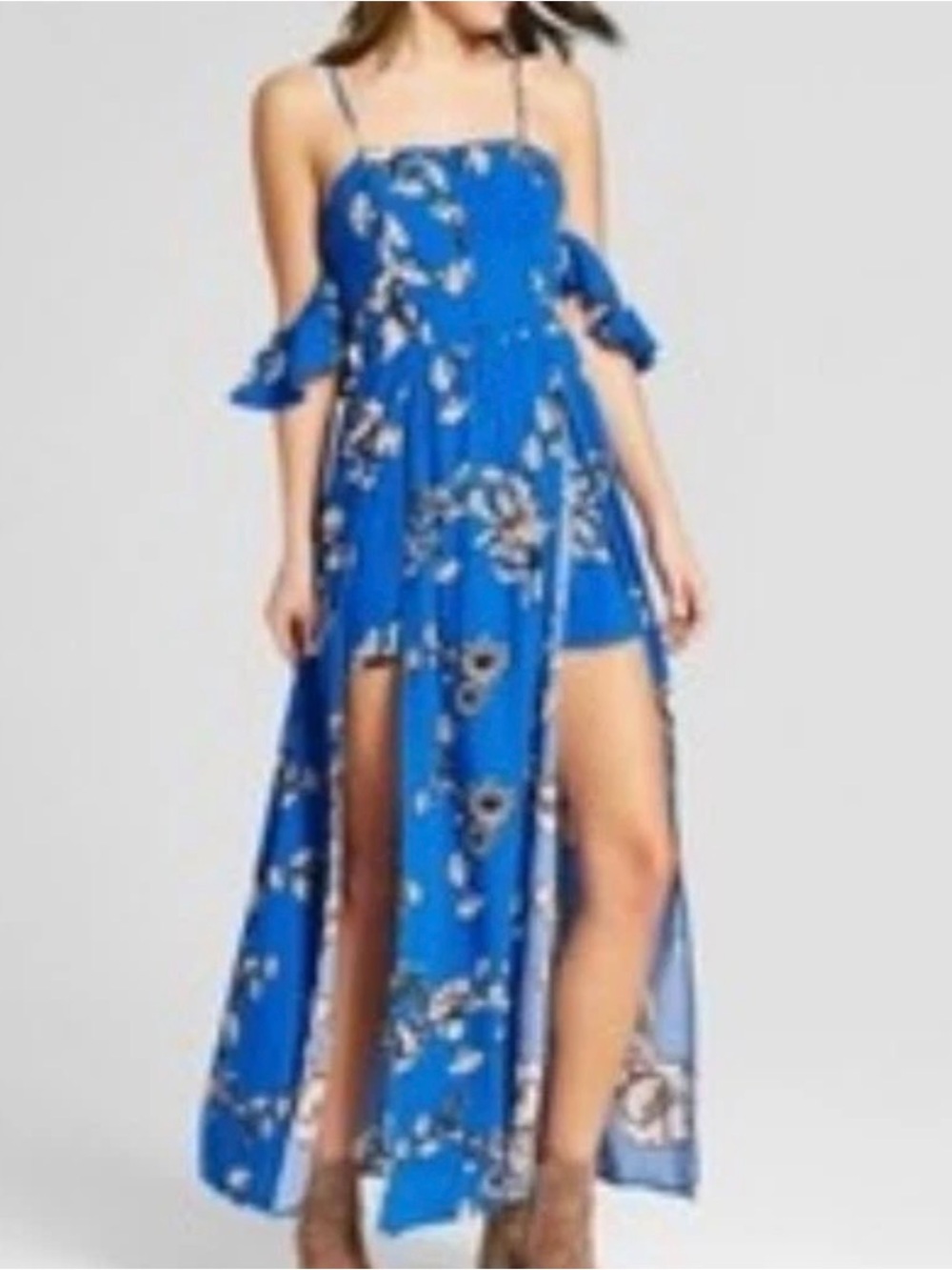 Royal Blue Floral Maxi Vacation Resort Dress Romper with White & Black Print XXL